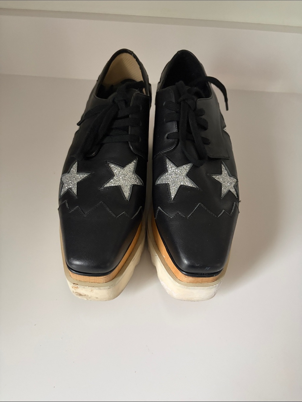Stella McCartney Black Platform Derby County Oxfords with Silver Star Accents